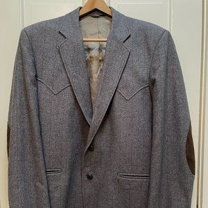 Vintage Circle S Western Wear Wool Gray Blazer w/ Brown Suede Elbow Patches  42R